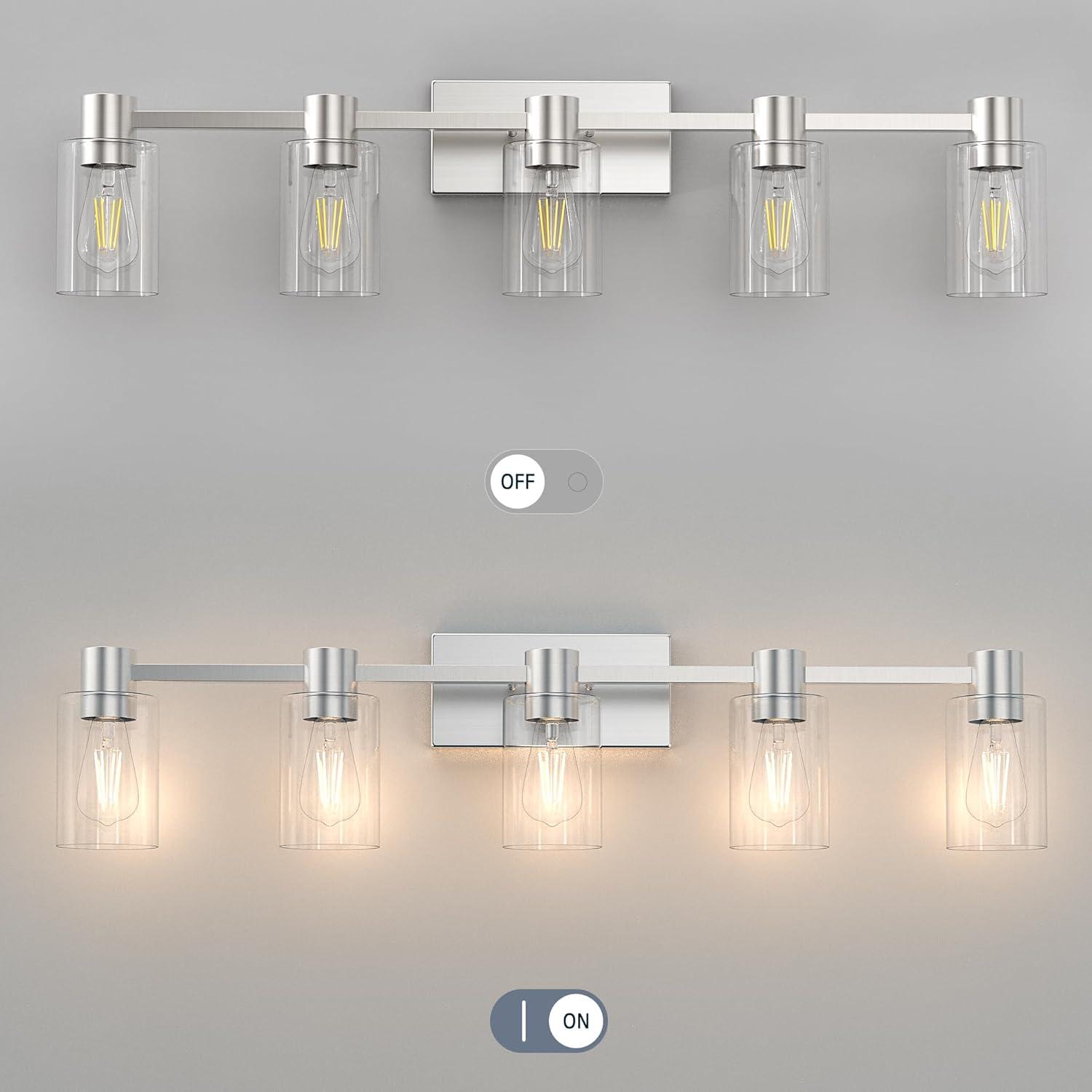 5 Light Bathroom Vanity Light Brushed Nickel Bathroom Light Fixtures with Clear Glass Shade Modern Bathroom Lights Over Mirror Brushed Nickel Wall Sconce for Bathroom Bedroom Living Room