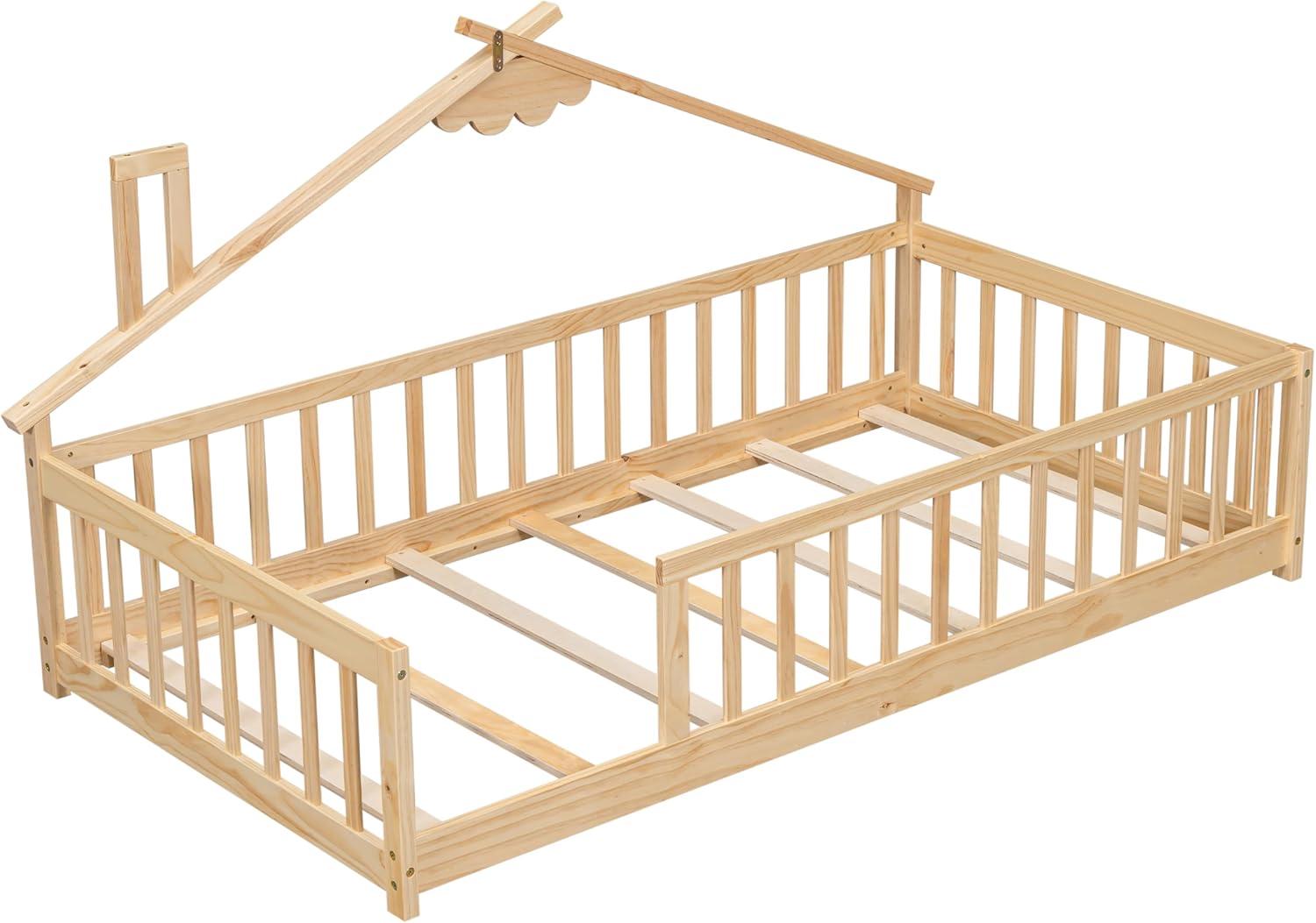 Natural Twin Wood House Frame Floor Bed with Guardrails