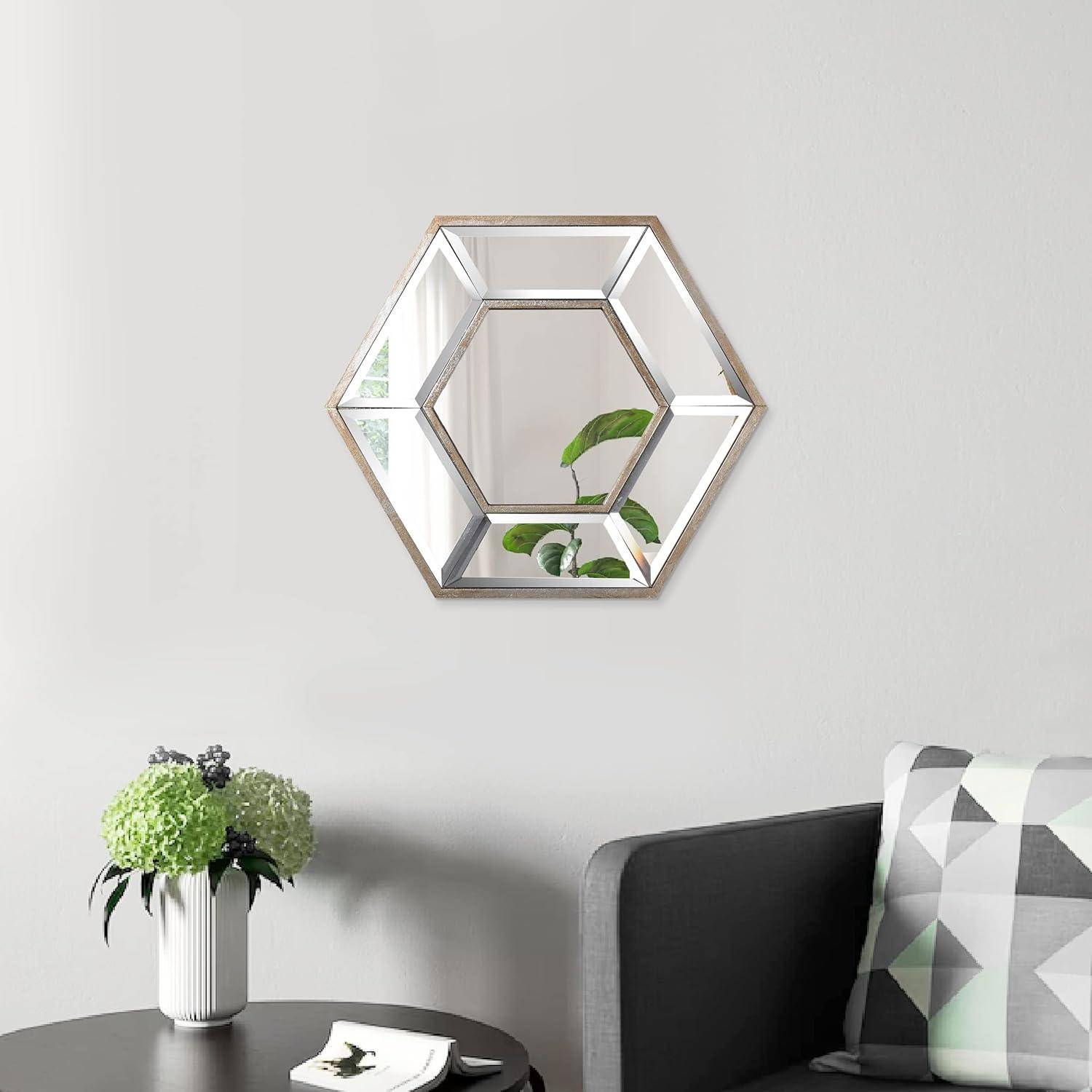 Hexagonal Brown Wood Frame Wall Mount Accent Mirror