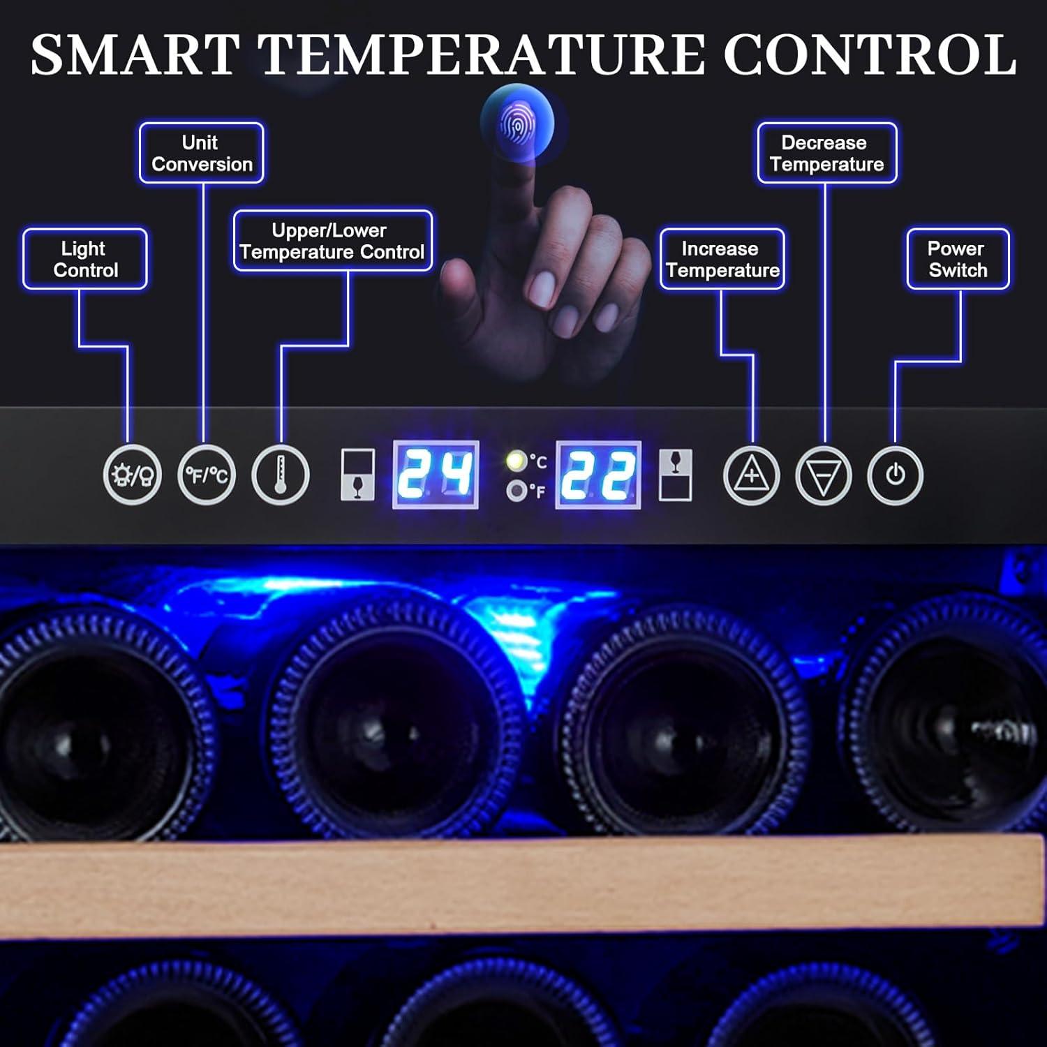 28 Bottle Wine Cooler Refrigerator - Double-Layer Glass Door, Temperature Stable, Digital Touch Control, Single Area Dual Temperature, with Safety Lock, Built-in or Freestanding