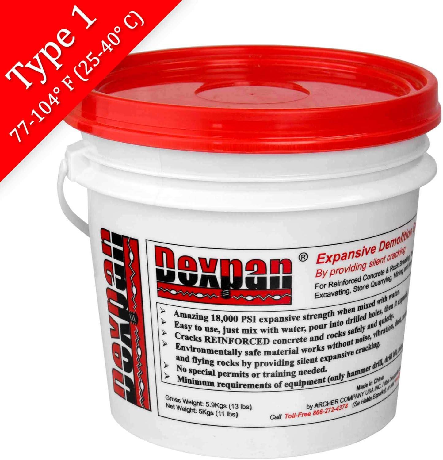 Dexpan Expansive Demolition Grout 11 Lb. Bucket for Rock Breaking, Concrete Cutting, Excavating. Alternative to Demolition Jack Hammer Breaker, Jackhammer, Concrete Saw, Rock Drill #1 (77-104 F)