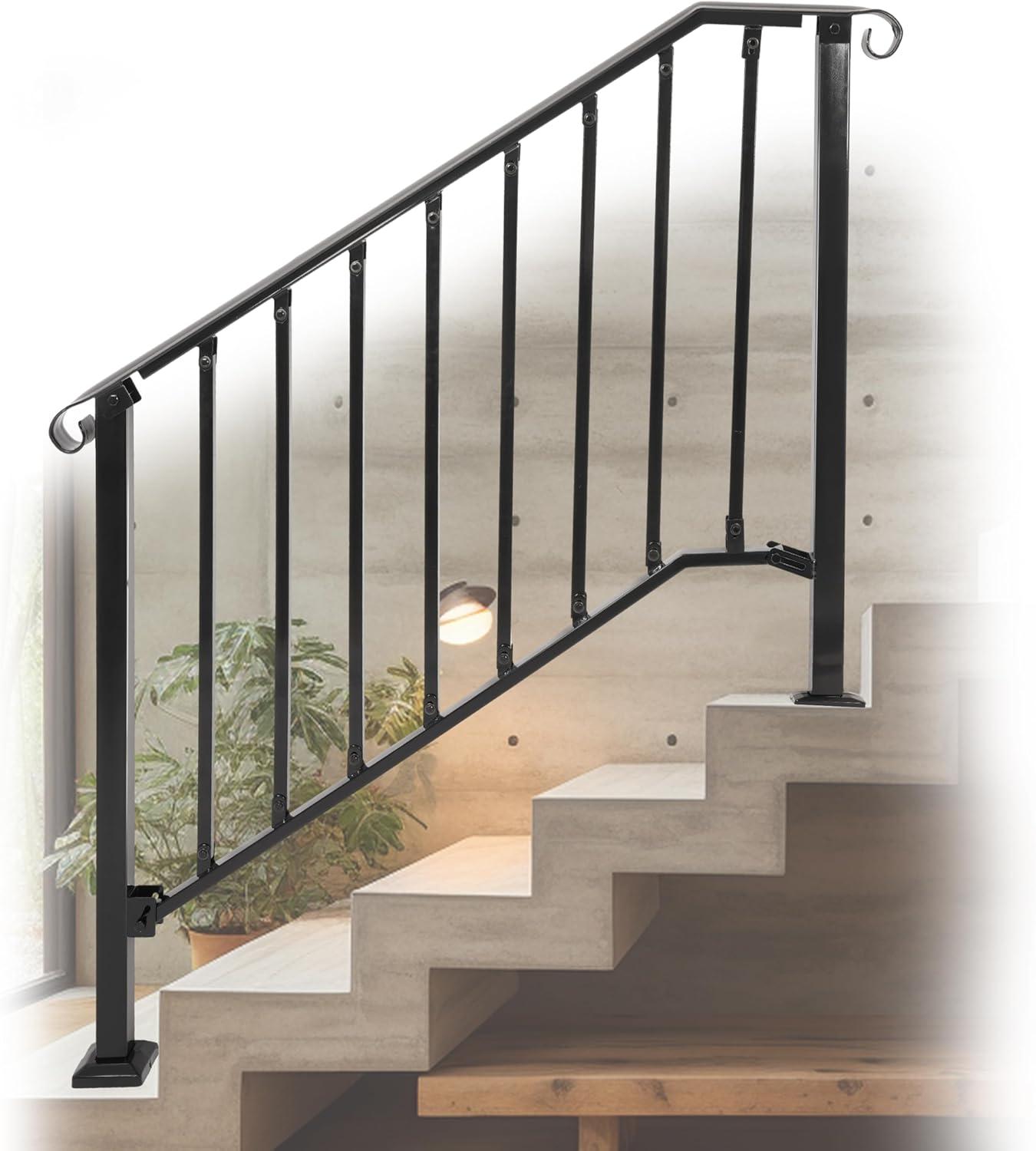 KUAFU 4-5 Step Hand Rail, Handrails for Outdoor Steps, 4-5 Steps Adjustable Outdoor Garden Railing for Stairs Black Steel Powder Coated Heavy Duty