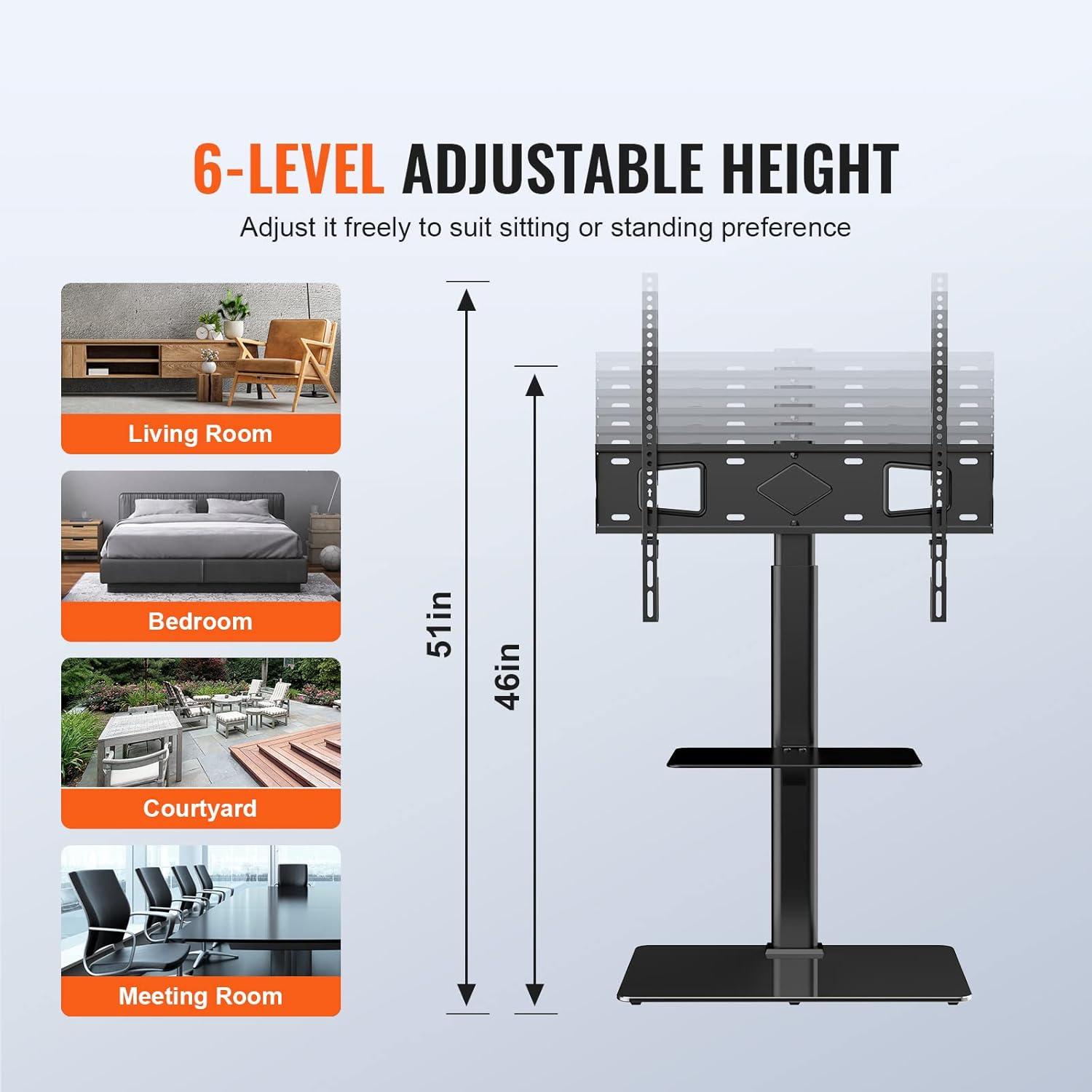 Black Adjustable TV Stand with Mount and Tempered Glass Base