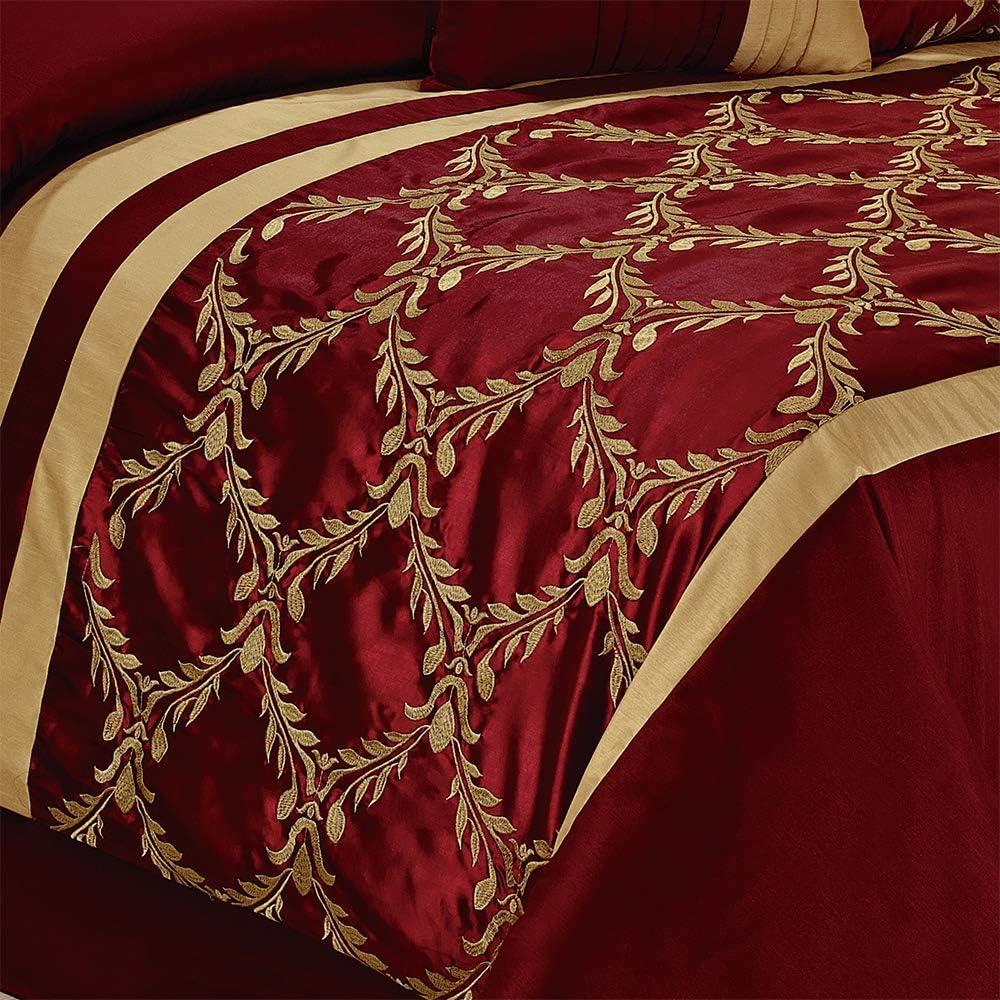 HIG 7 Piece Burgundy and Gold Faux Silk Fabric Embroideried Bedding Set, Queen