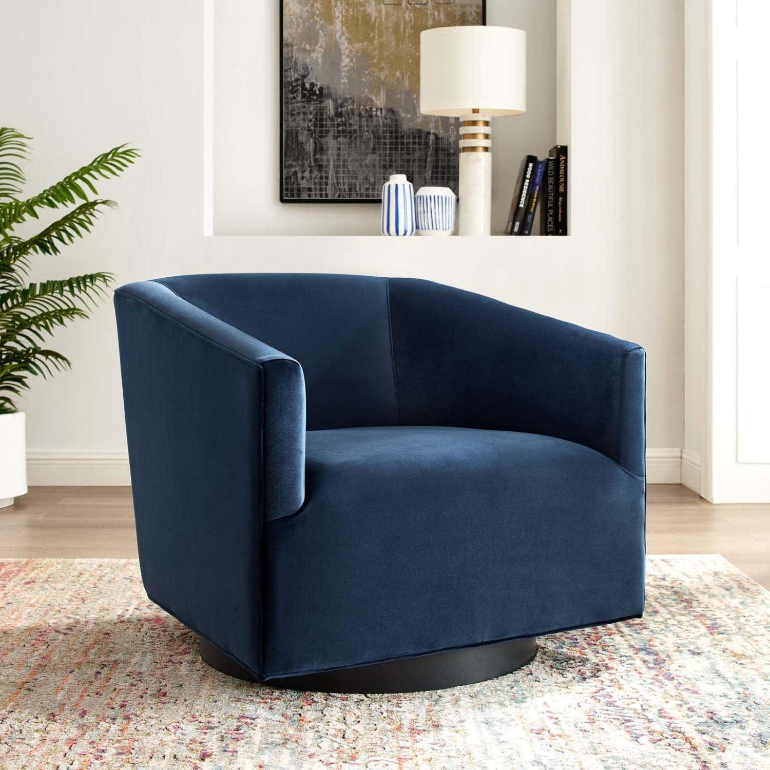 Midnight Blue Velvet Barrel Swivel Accent Chair with Metal Base