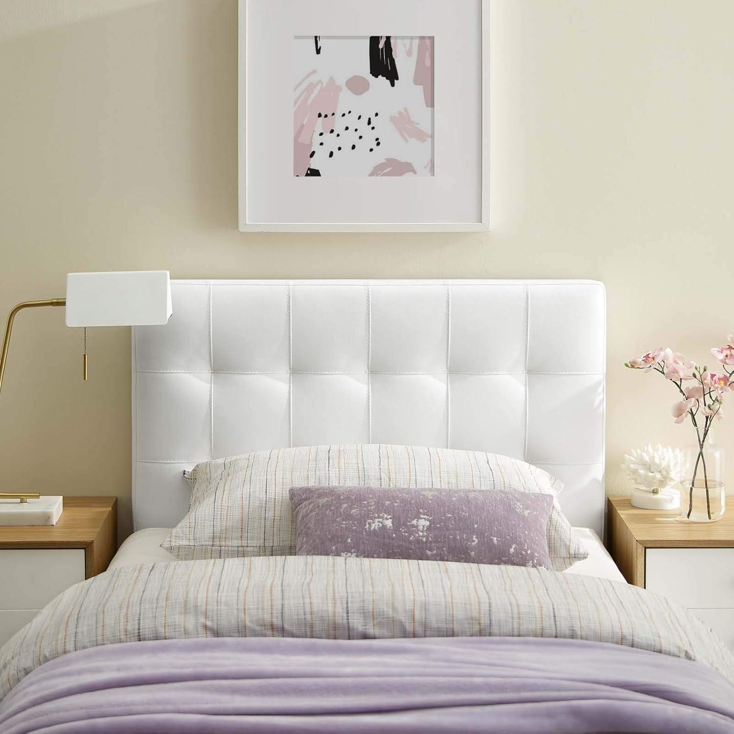 White Twin Upholstered Tufted Leather Headboard