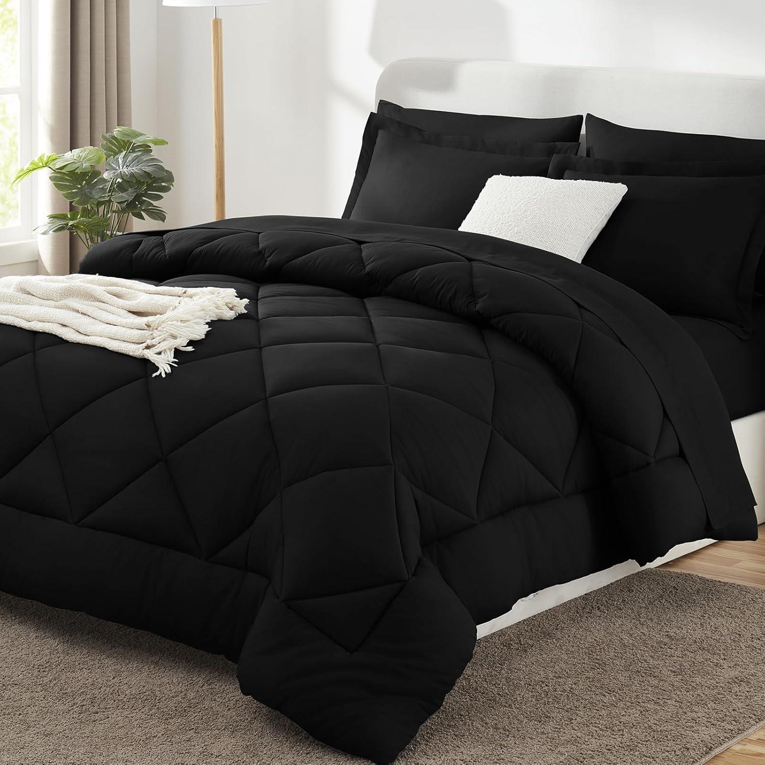 Litanika Black King Size Comforter Set with Sheets - 7 Pieces Bed in a Bag King Beddding Sets, Solid Lightweight Reversible Bed Set with Comforter, Sheets, Pillowcases & Shams