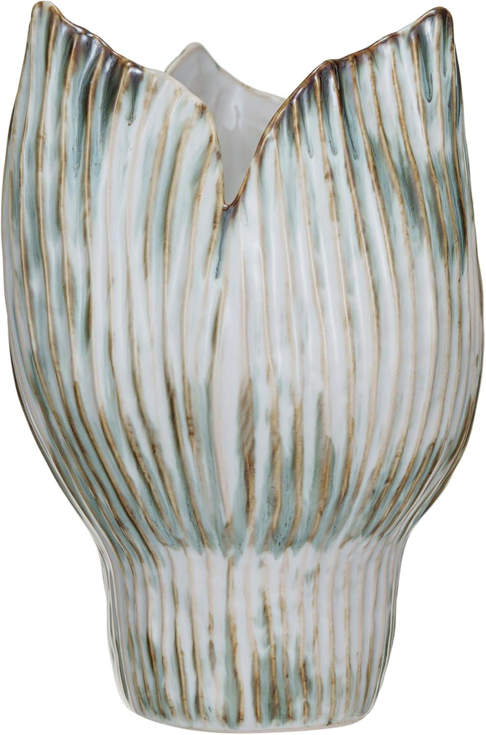 Creative Co-Op Stoneware Pleated Sculptural Vase with Reactive Glaze, Green and White