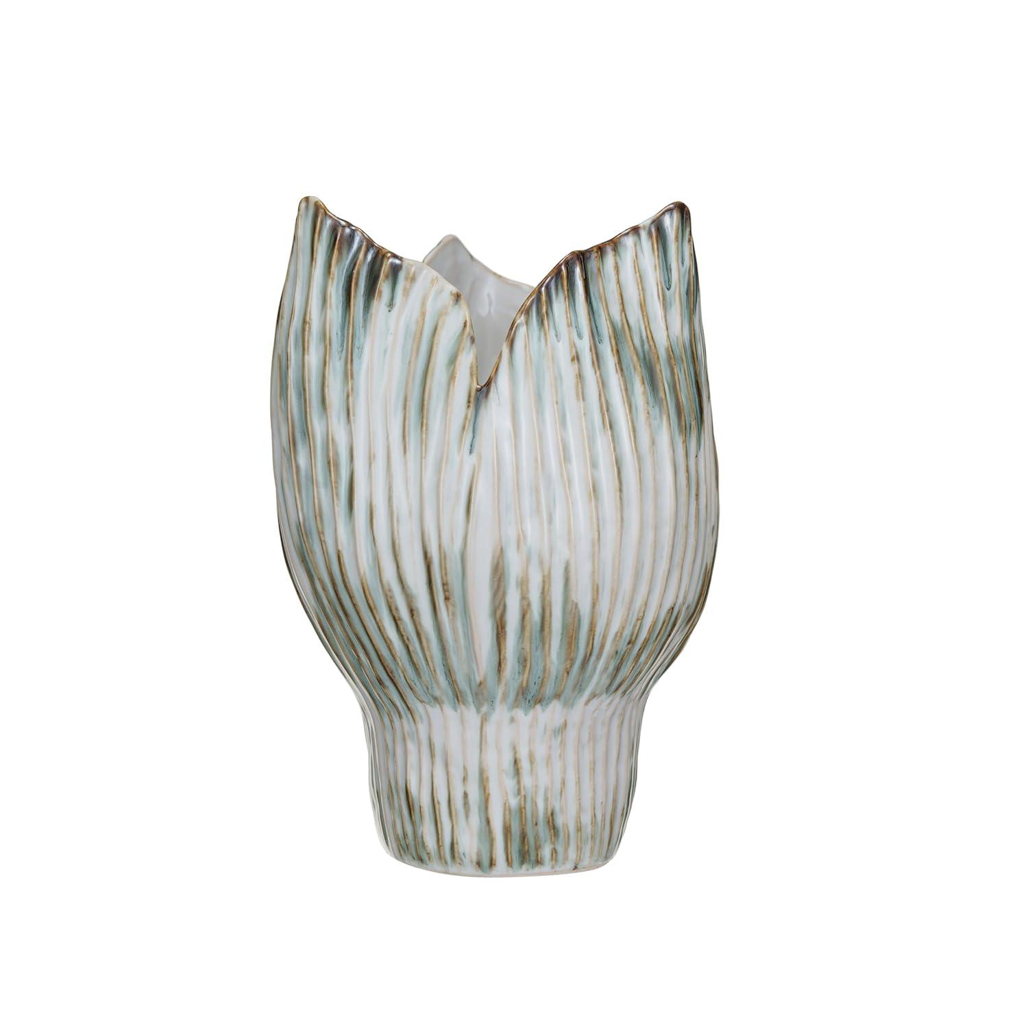 Creative Co-Op Stoneware Pleated Sculptural Vase with Reactive Glaze, Green and White