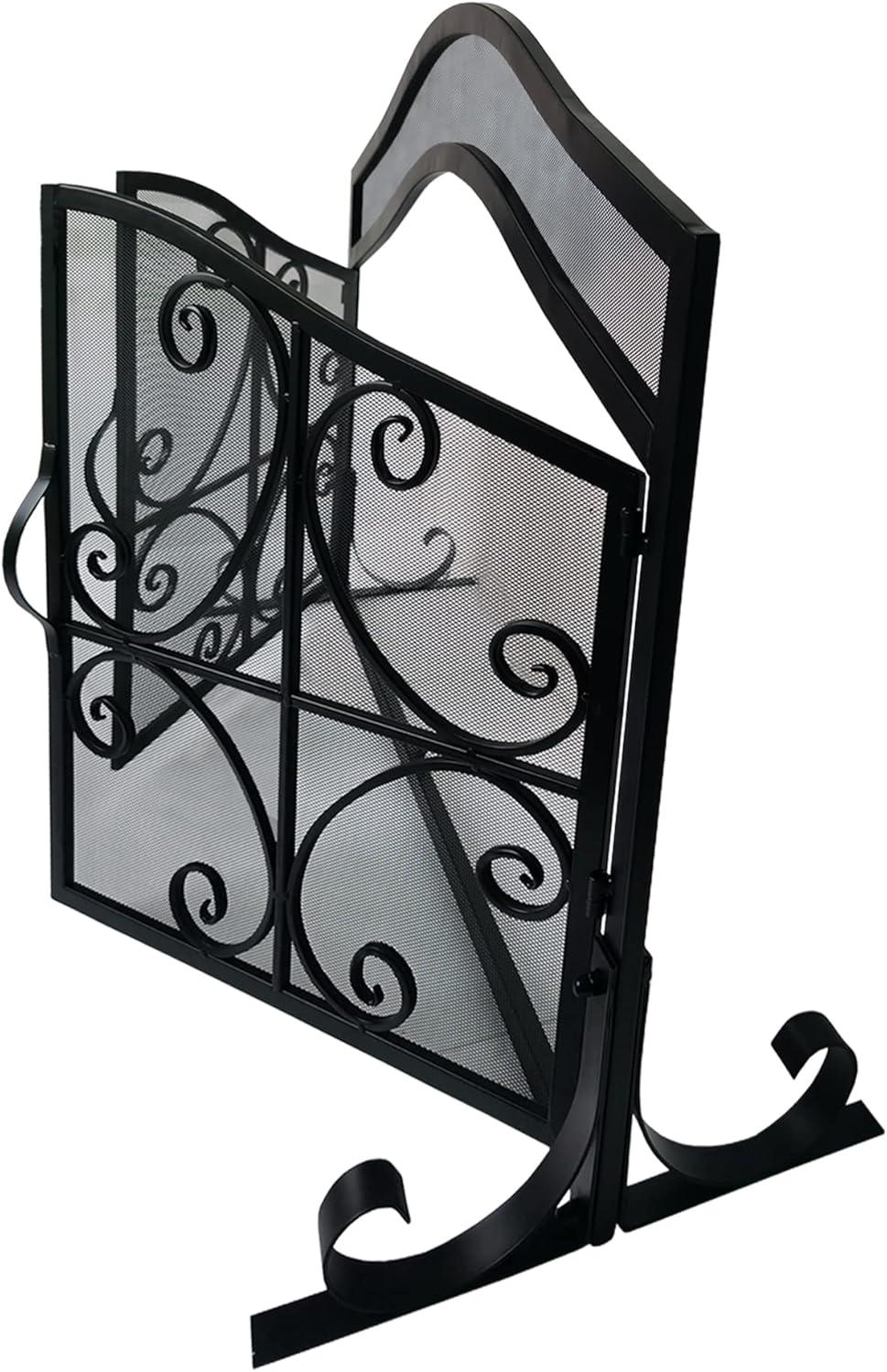 The Urban Port UPT-232048 43 in. Mesh Design Scrollwork 2 Door Iron Fireplace Screen, Black