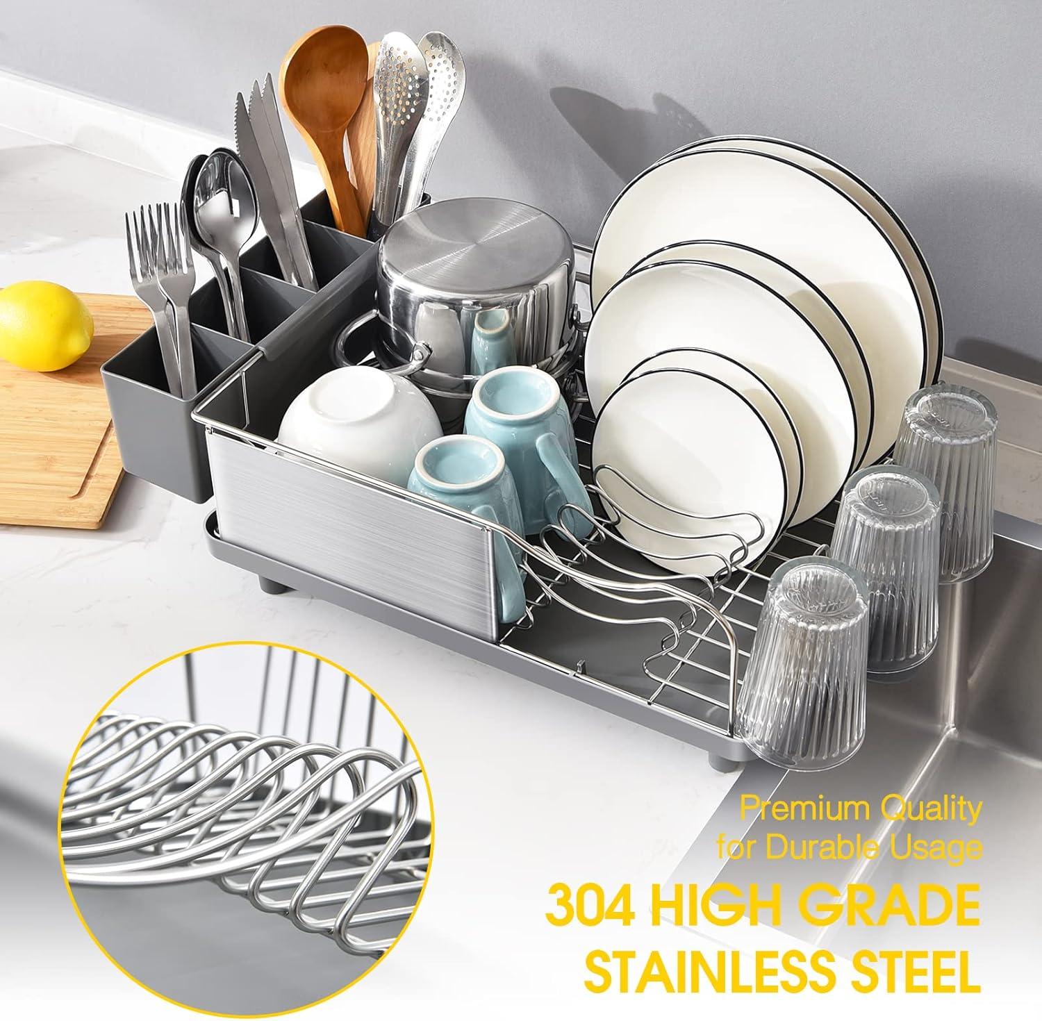 Dish Rack, 304 Stainless Steel Dish Drying Rack for Kitchen Counter, Dish Drainer with Cutlery Holder for Large Capacity, Grey