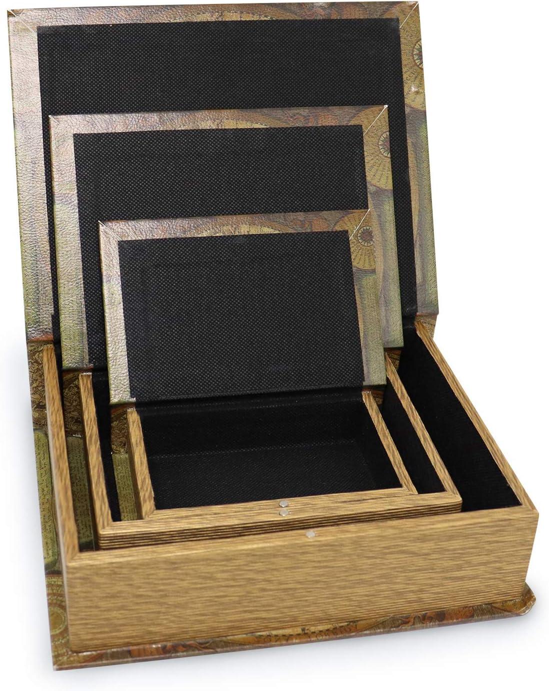 Jolitac Decorative Book Boxes World Map Pattern Antique Book Invisible box with Magnetic cover, Faux Wood Set of 3 Storage Set (Map)