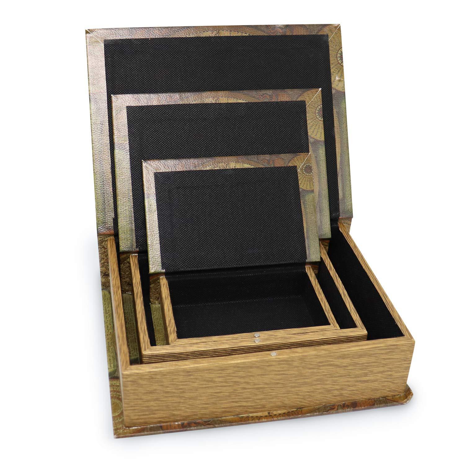 Jolitac Decorative Book Boxes World Map Pattern Antique Book Invisible box with Magnetic cover, Faux Wood Set of 3 Storage Set (Map)