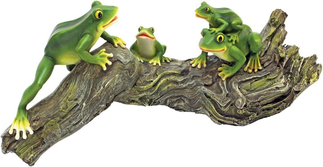 Playful Green Tree Frogs on Log Garden Statue