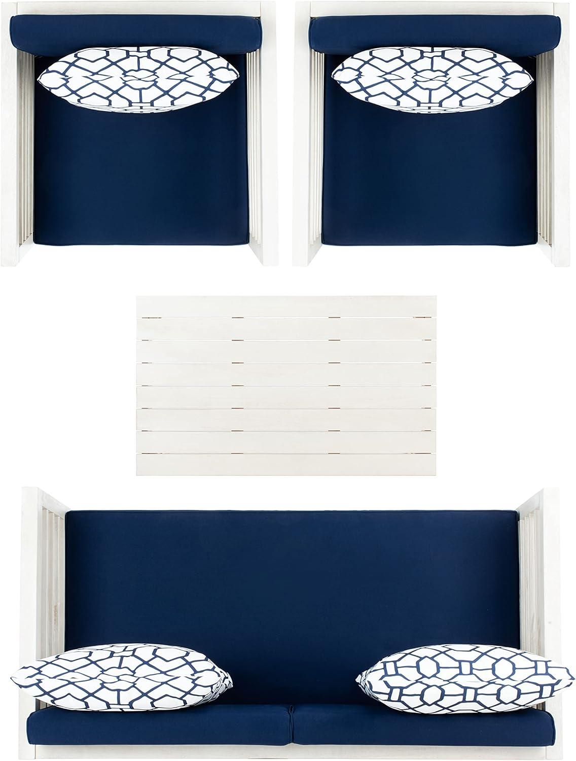 Alda 4 Piece Patio Outdoor Conversation Set With Accent Pillows - White/Navy/White - Safavieh