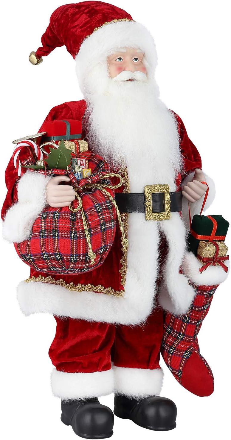 24" Red Velvet Santa Claus Figurine with Gifts and Stocking