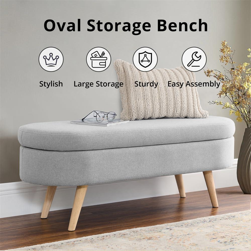 Sumdeal 43.5" Storage Ottoman Bench with 250lb Seating, Linen Upholstered Wood Legs Safety Hinge Flip Top Oval Foot Rest Long Stool for Sofa Couch Bedroom End of Bed Living Room Entryway, Grey