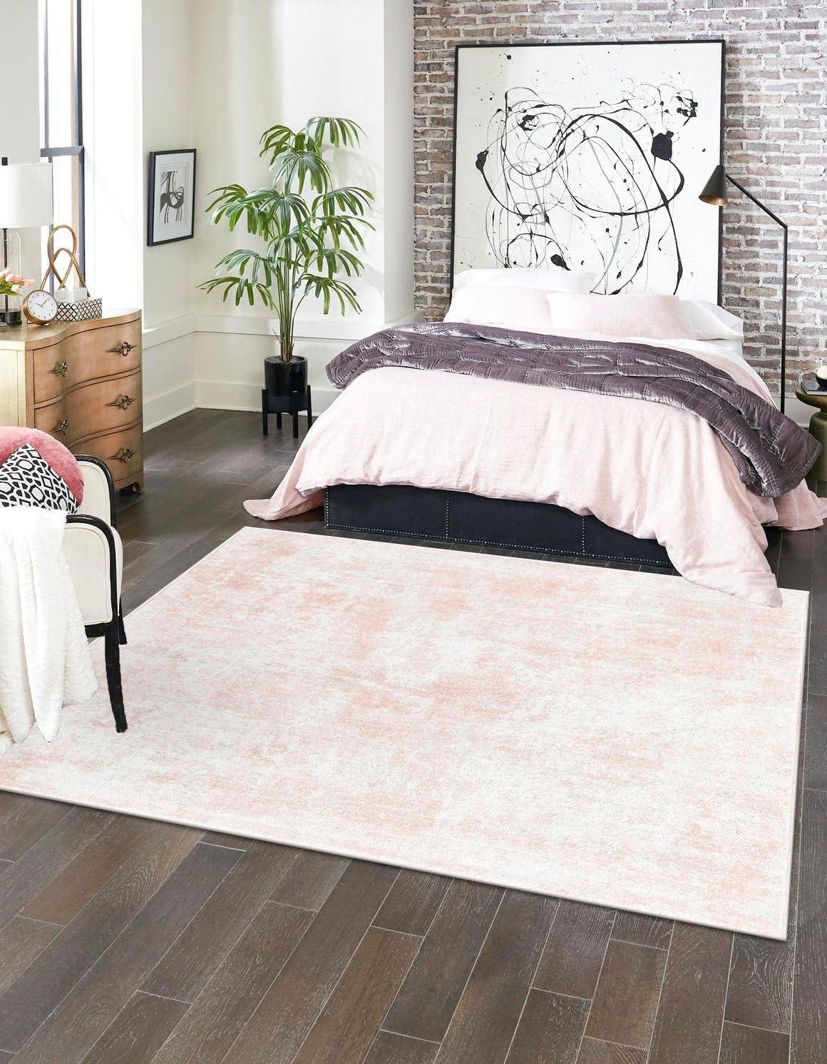 Carnation Pink and Ivory Square Synthetic Area Rug