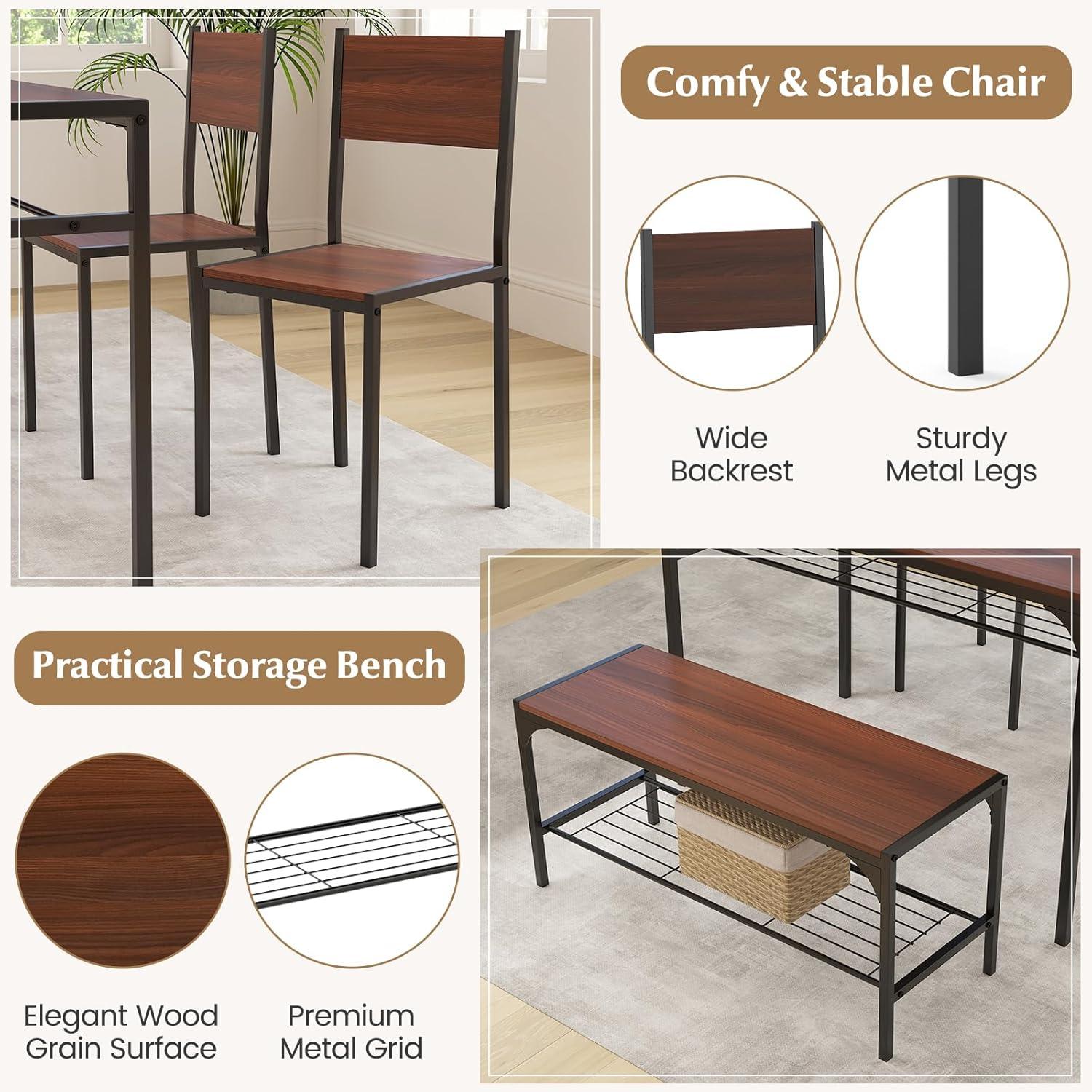 Costway 4pcs Dining Table Set Rustic Desk 2 Chairs & Bench w/ Storage Rack Brown