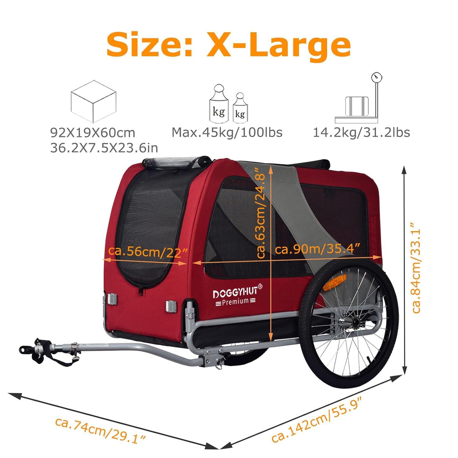 DOGGYHUT® Premium XL Pet Bike Trailer for Large Dog or Multiple Small Dogs, Up to 100 lbs,Dog Bicycle Carrier,Low Center of Gravity,Easy Folding Frame Cart