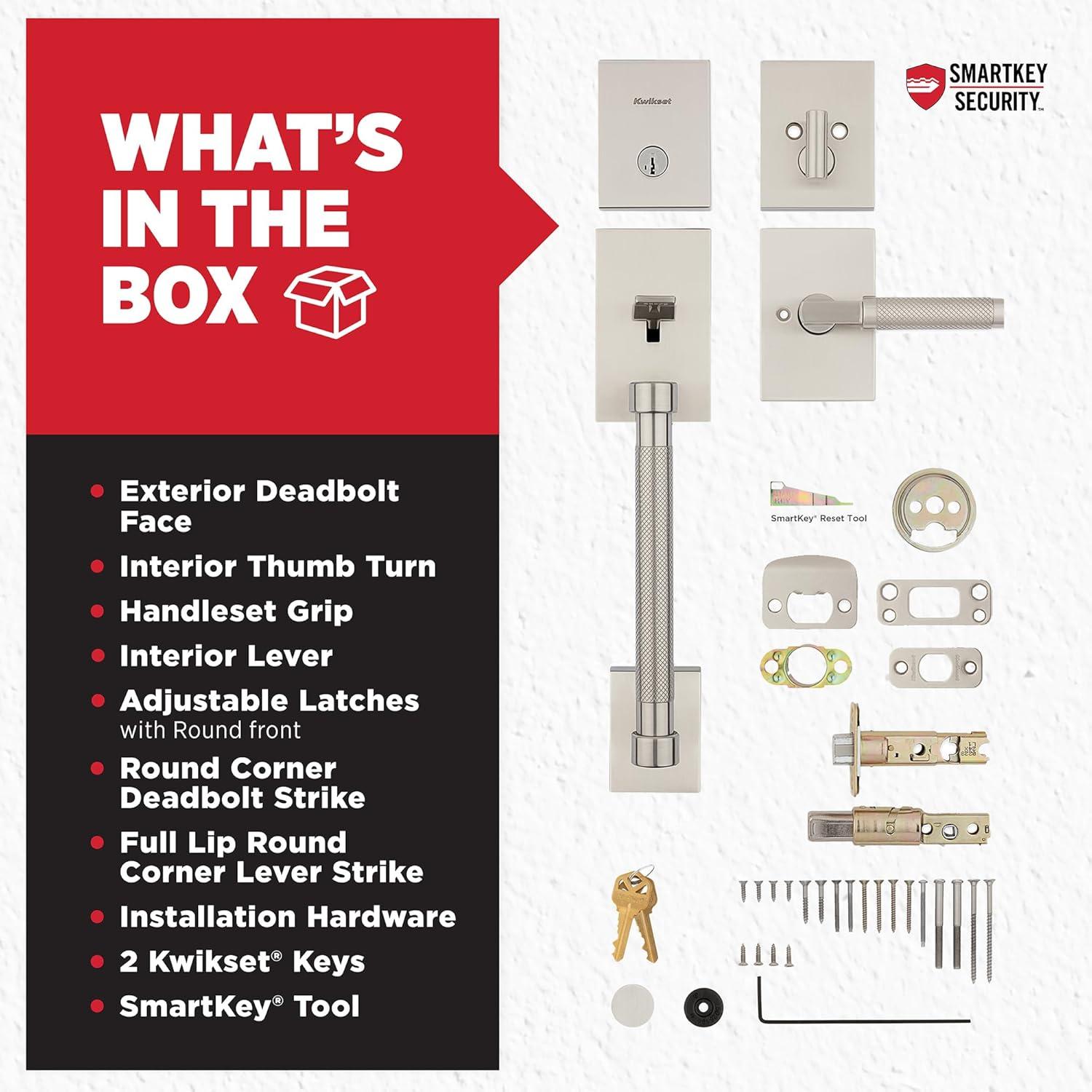 Kwikset Prava Front Door Lock Handle and Deadbolt Set, Entry Handleset Exterior with Interior Reversible Lever, Satin Nickel, Pick Resistant SmartKey Rekey Deadbolt Security, with Microban Protection