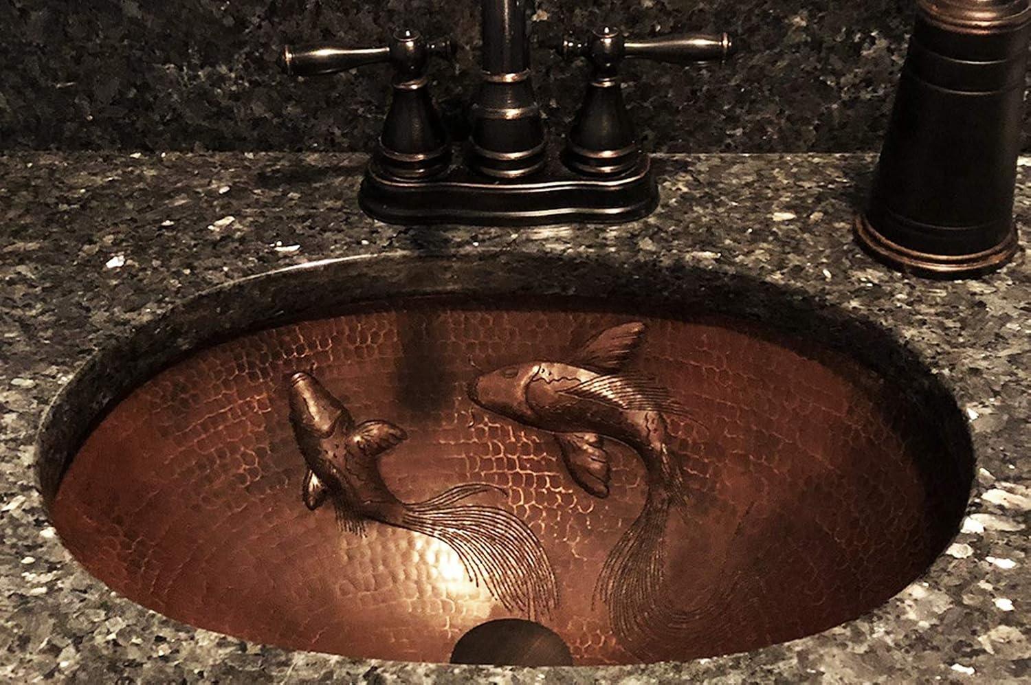 19" Oval Under Counter Hammered Copper Bathroom Sink with Koi Fish Design