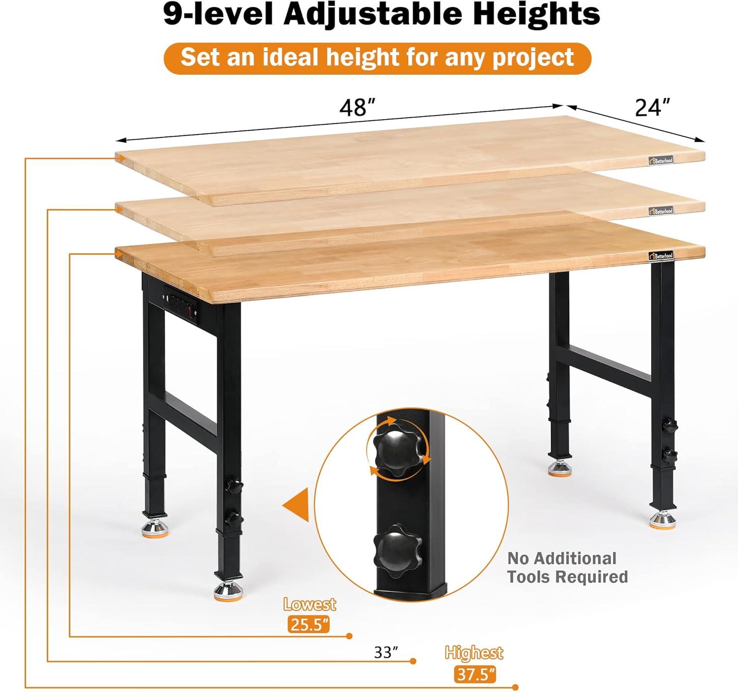 Solid Wood Top Height-Adjustable Workbench