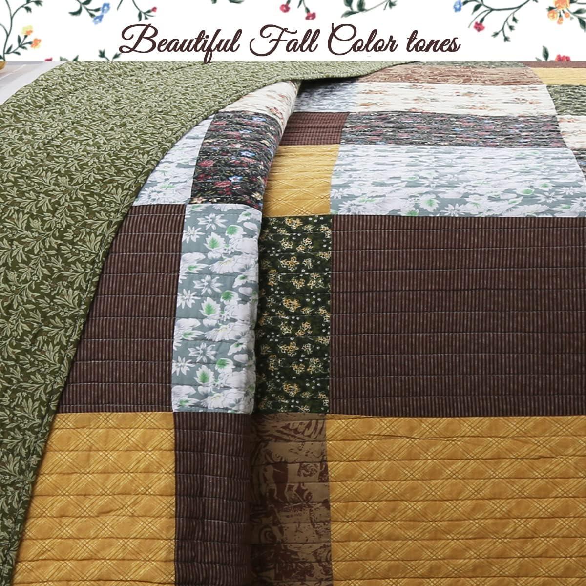 King Size Brown and Green Cotton Patchwork Quilt Set