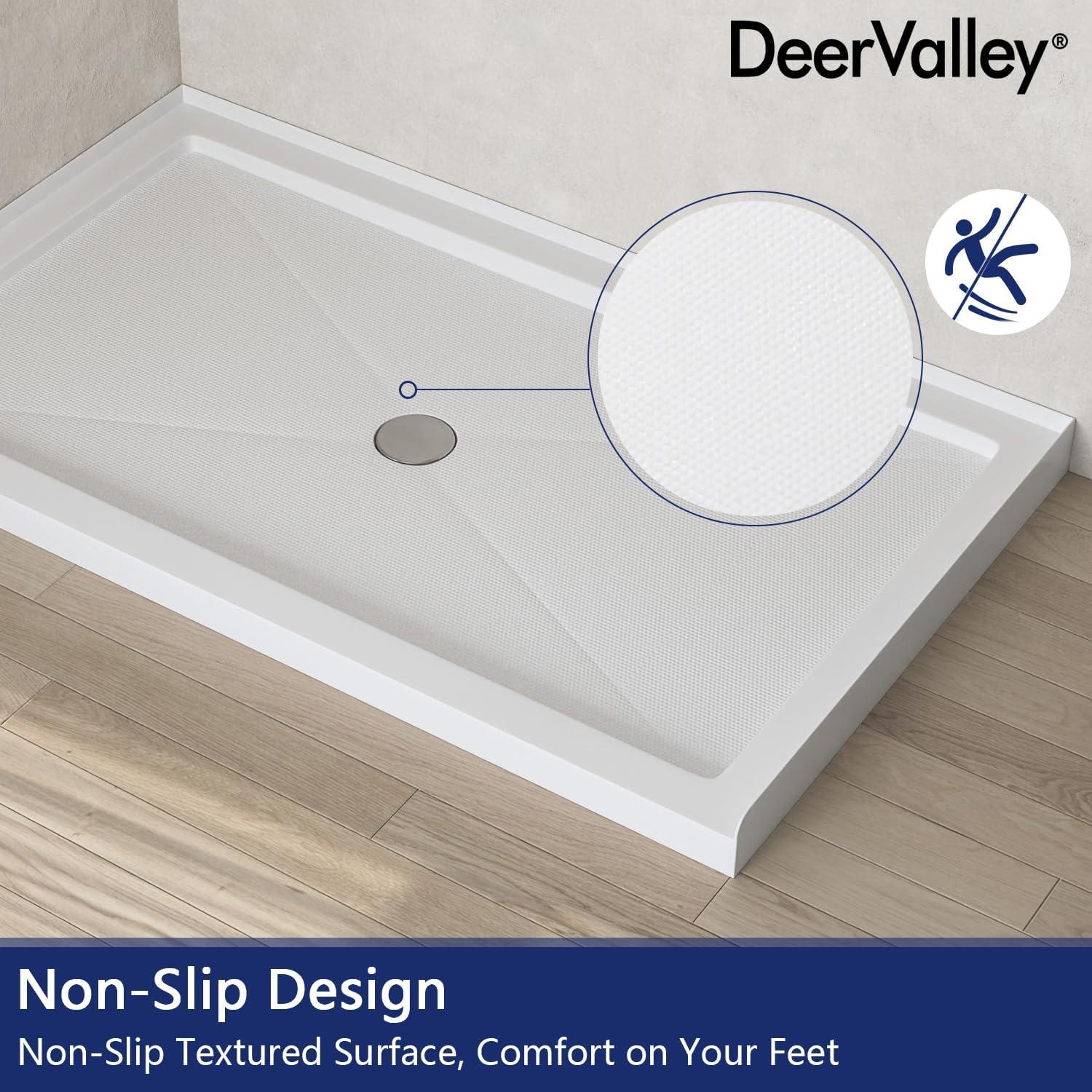 60''W Shower Base in White with Single Threshold Shower Pan, Non-slip Design