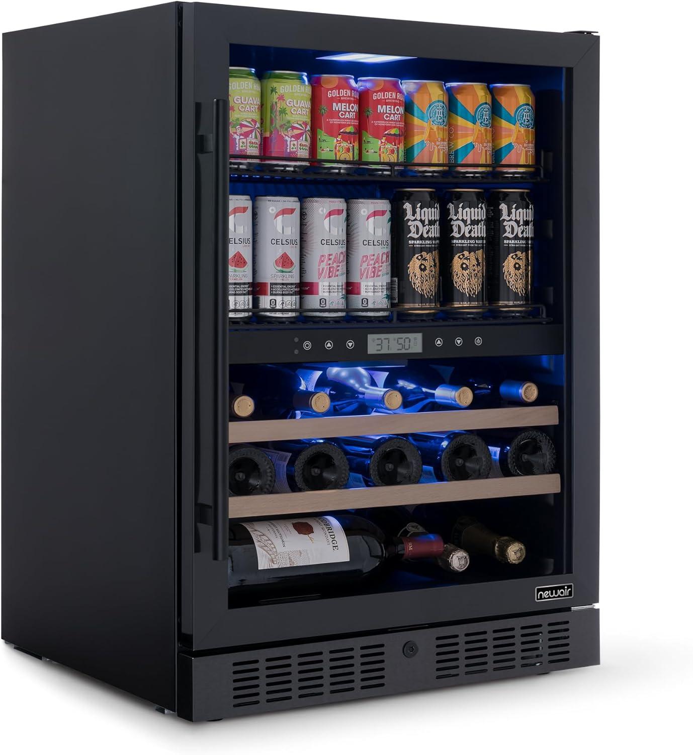 Newair 24" Built-in Dual Zone Wine and Beverage Refrigerator 24 Bottles & 100 Cans, Black Stainless Steel, Drinks and Wine Combination Fridge