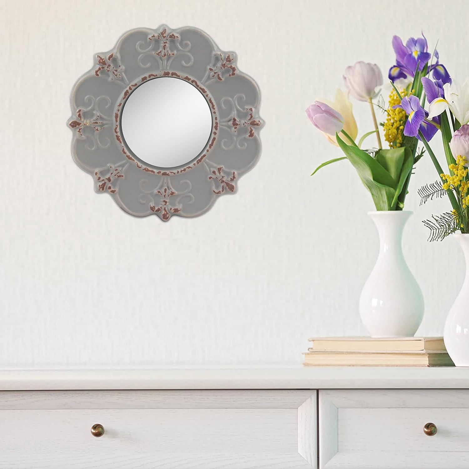 Stonebriar 8" Round Light Gray Ceramic Accent Wall Mirror with Attached Hanging Loop, Decorative Vintage Decor for the Living Room, Bedroom, Hallway, and Entryway