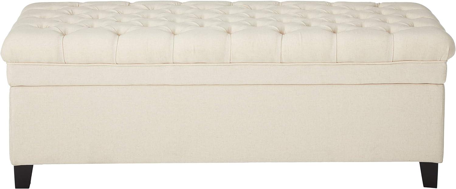 Beige Tufted Fabric Storage Ottoman with Birch Legs