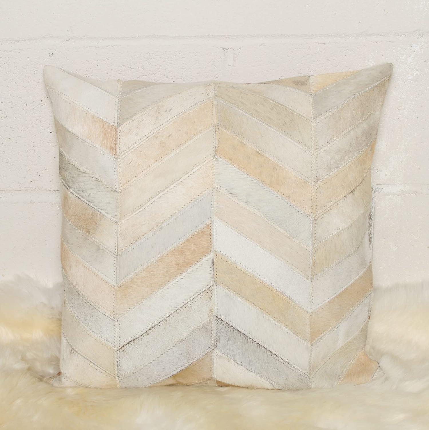 Torino Luxe Chevron Hand-Stitched Cowhide Throw Pillows, Set of 2, Natural 18"x18"