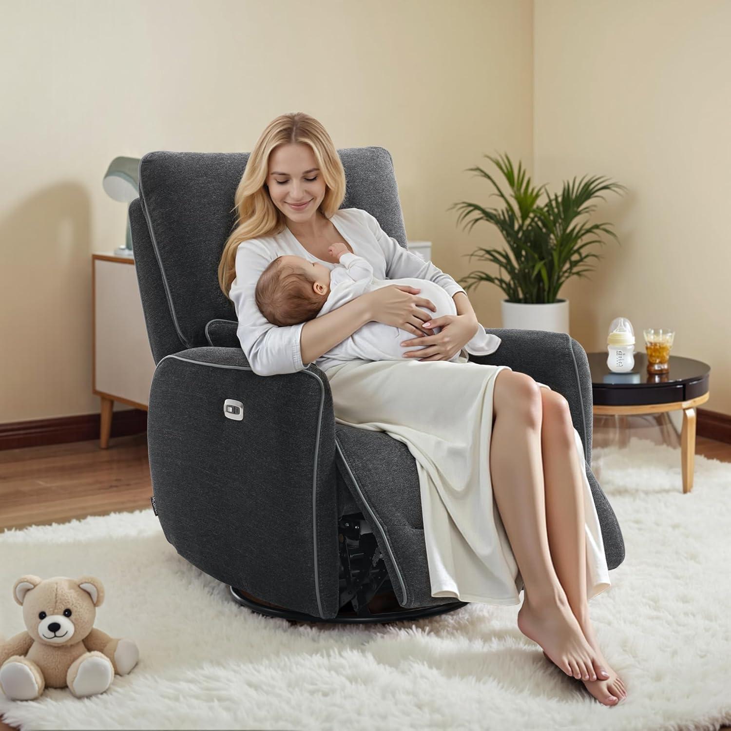Swivel Glider Power Recliner Chair, Electric Rocker Recliner Chairs with USB Ports For Nursery, Fabric