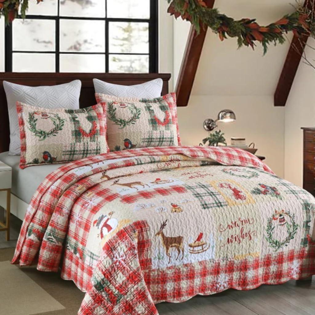 Christmas Quilt Set, Reversible Bedspread Coverlet, Lightweight Bed Cover, 1 Quilt 2 Pillow Shams