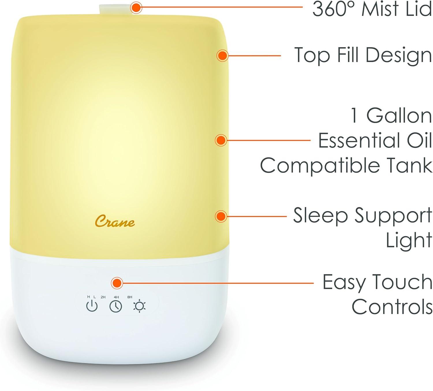 Crane USA Top Fill Cool Mist Humidifier - 1 Gallon with Sleep Support Light & Essential Oil Tray