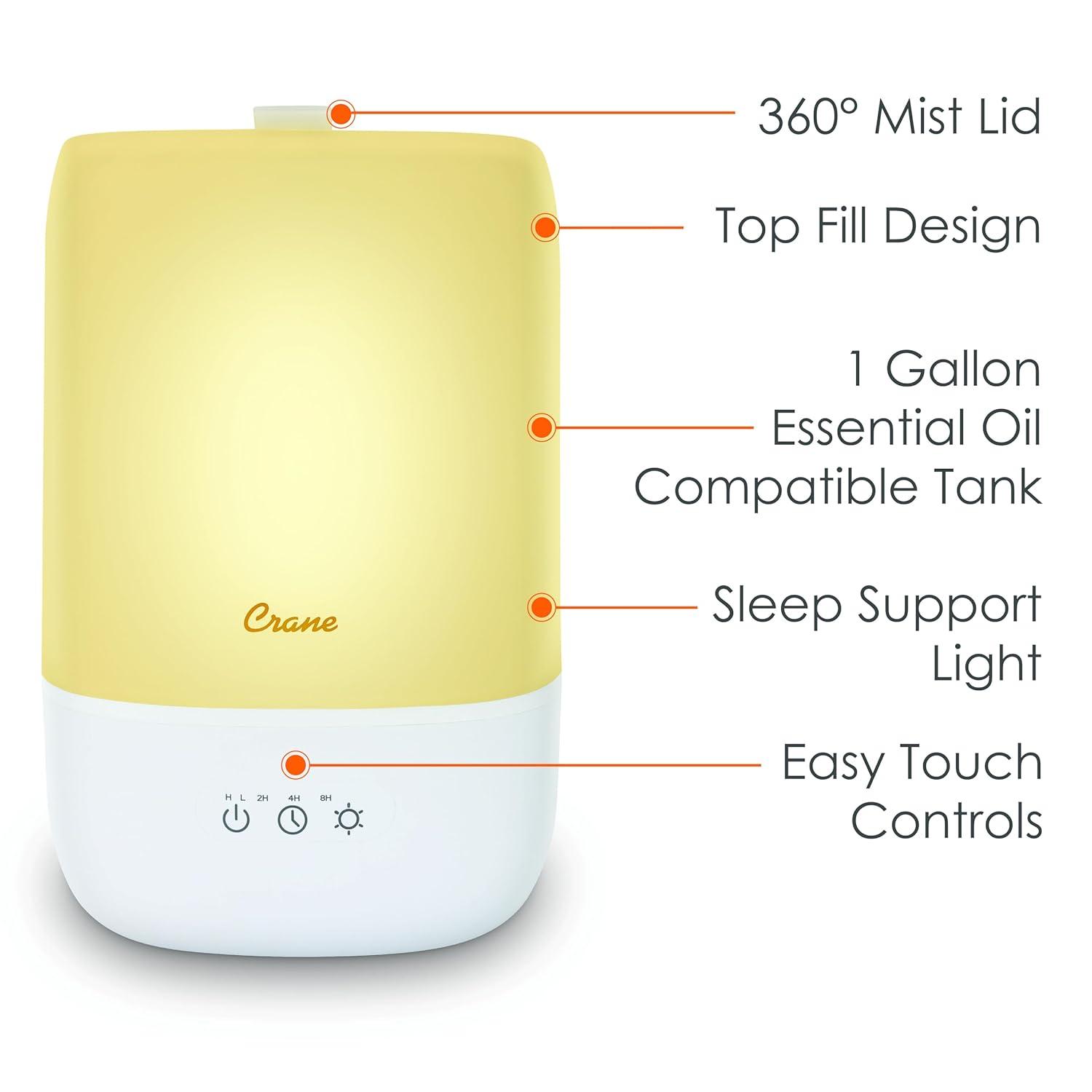 Crane USA Top Fill Cool Mist Humidifier - 1 Gallon with Sleep Support Light & Essential Oil Tray