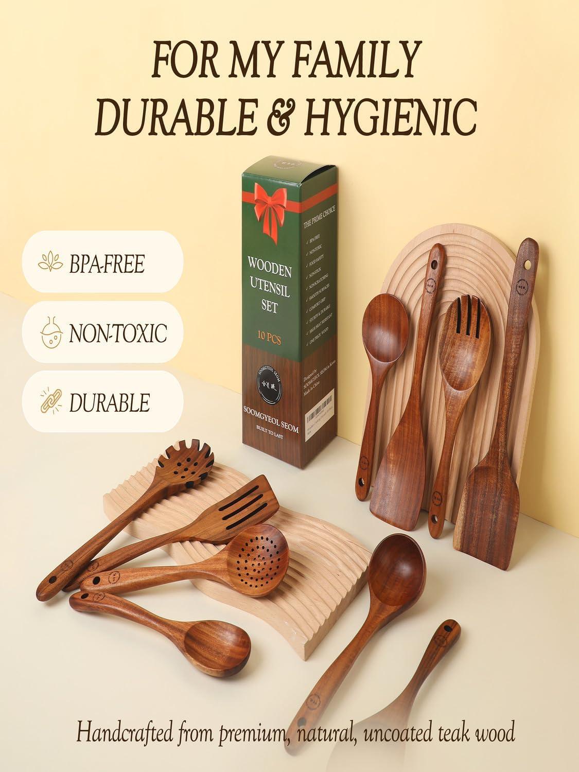 Wooden Spoons for Cooking, 10 Pcs Teak Wood Cooking Utensil Set ‚ Wooden Kitchen Utensils for Nonstick Pans & Cookware ‚ Sturdy, Lightweight & Heat Resistant