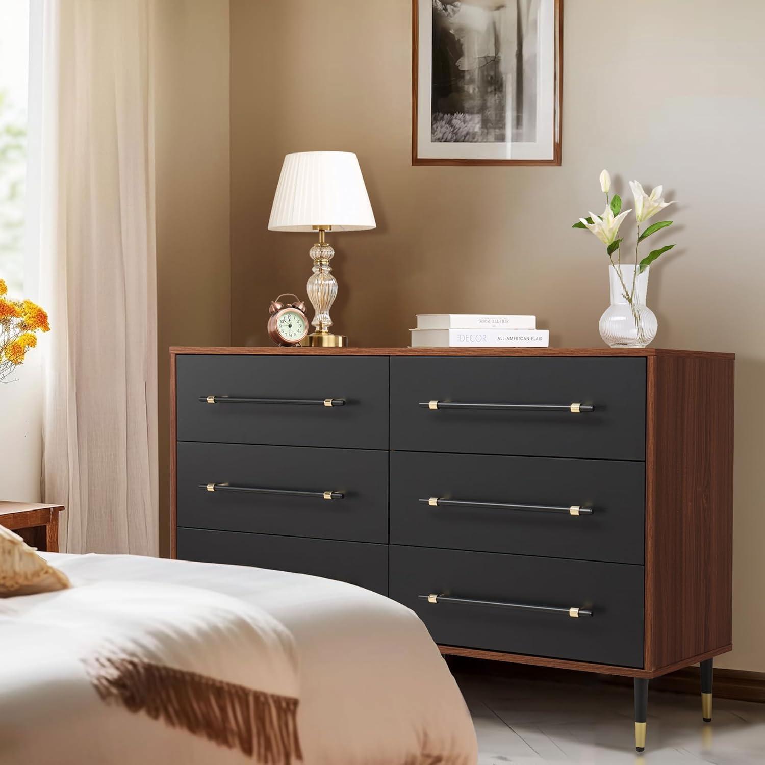Finnhomy 6 Drawer Dresser for Bedroom, Mid Century Modern Dressers with Black Drawers, Wood Gold Dresser & Chest of Drawer with Wide Metal Handle Wooden Dresser for Bedroom/Living Room/Hallway