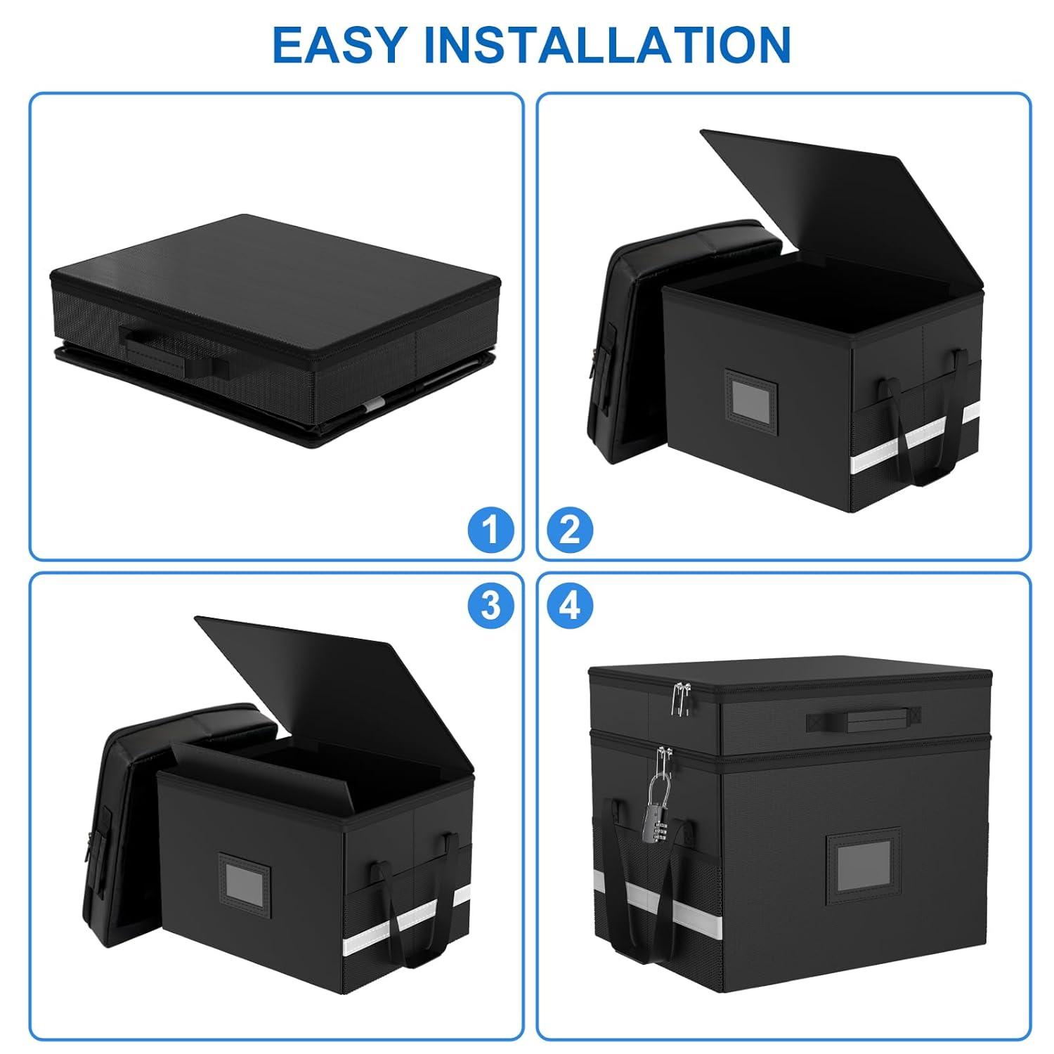 HAMOPY Modern Black Fireproof Document Box, 15.5 x 12.2 x 12.99 inches, 27 Compartments, Collapsible, Portable, Water Resistant, Zipper Closure