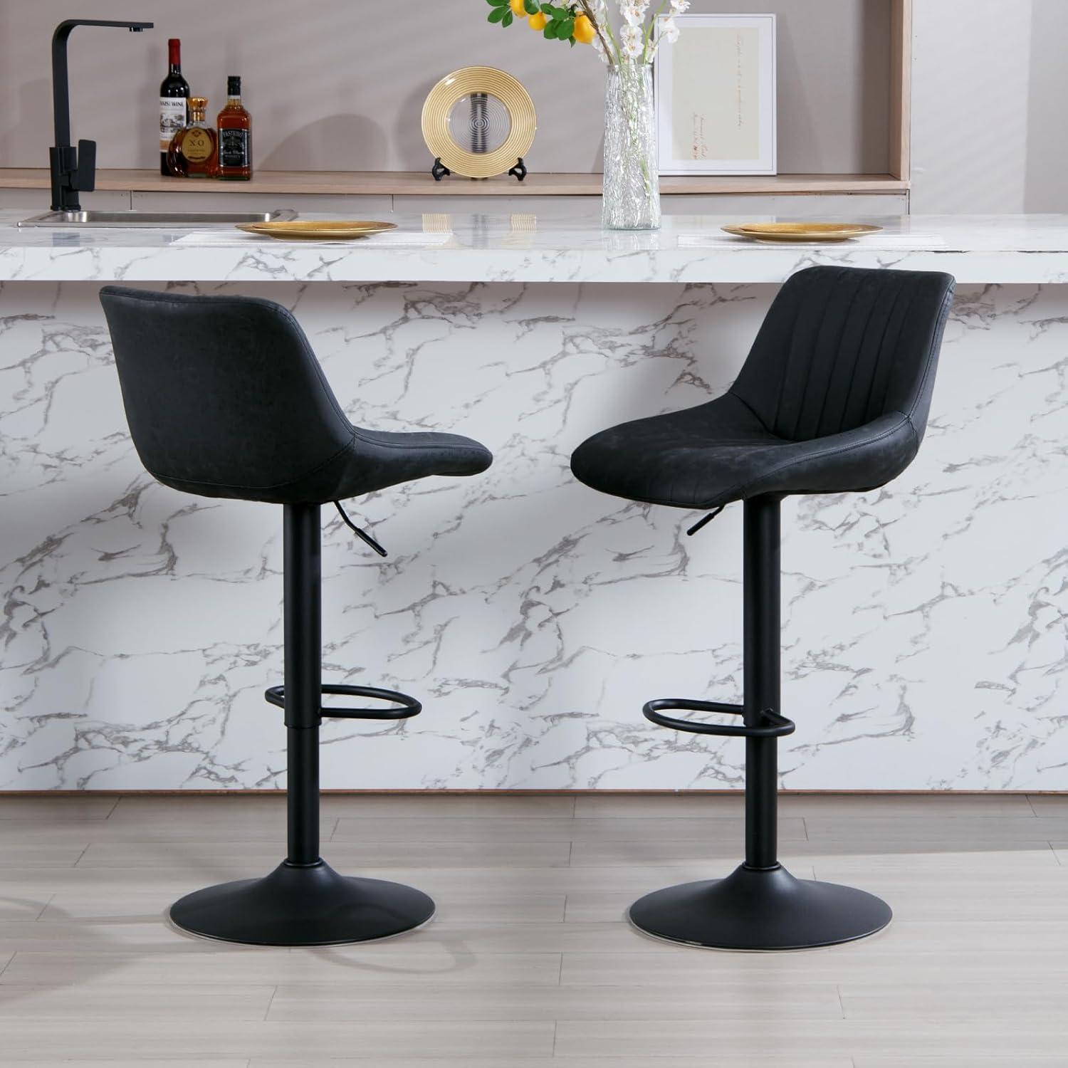 Corrigan Studio® Bar Stools Set of 3, Swivel Counter Height Barstools with Back, Adjustable PU Leather Bar Chairs, Modern Armless Kitchen Island Stool, Black