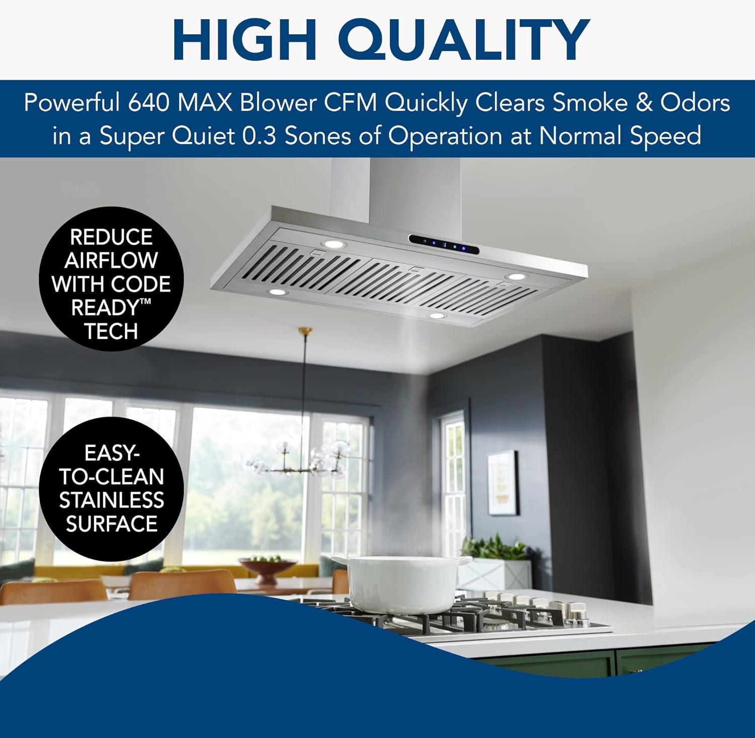 Broan NuTone 36" Stainless Steel 640 CFM Convertible Island Range Hood with Hybrid Baffle Filter