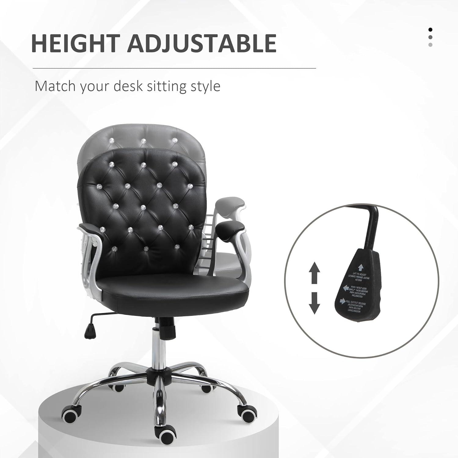 Vinsetto Vanity PU Leather Mid Back Office Chair Swivel Tufted Backrest Task Chair with Padded Armrests, Adjustable Height, Rolling Wheels, Beige