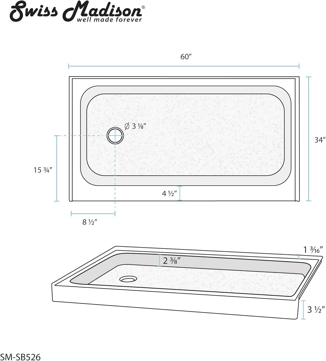 Voltaire 60" x 34" Acrylic White, Single-Threshold, Shower Base