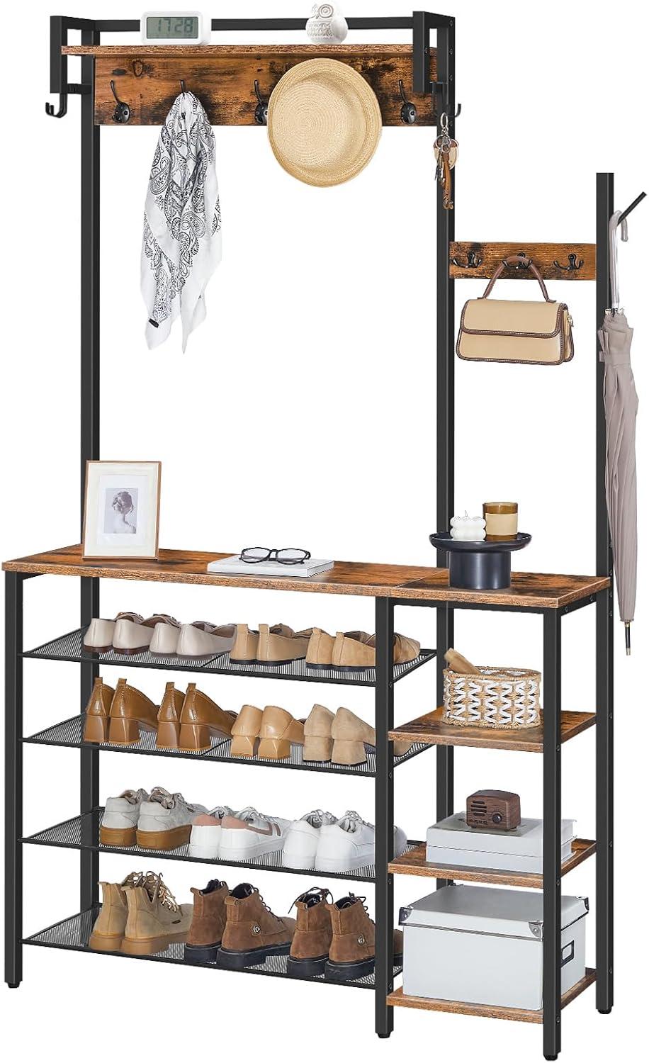 HOOBRO Rustic Brown Hall Tree with Bench, Coat Rack and Shoe Storage, Reversible Shelves - BF105MT01