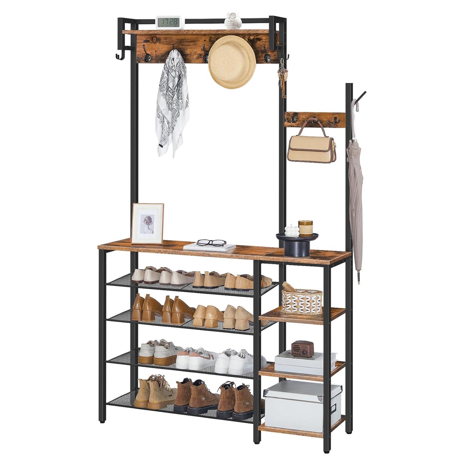 HOOBRO Rustic Brown Hall Tree with Bench, Coat Rack and Shoe Storage, Reversible Shelves - BF105MT01