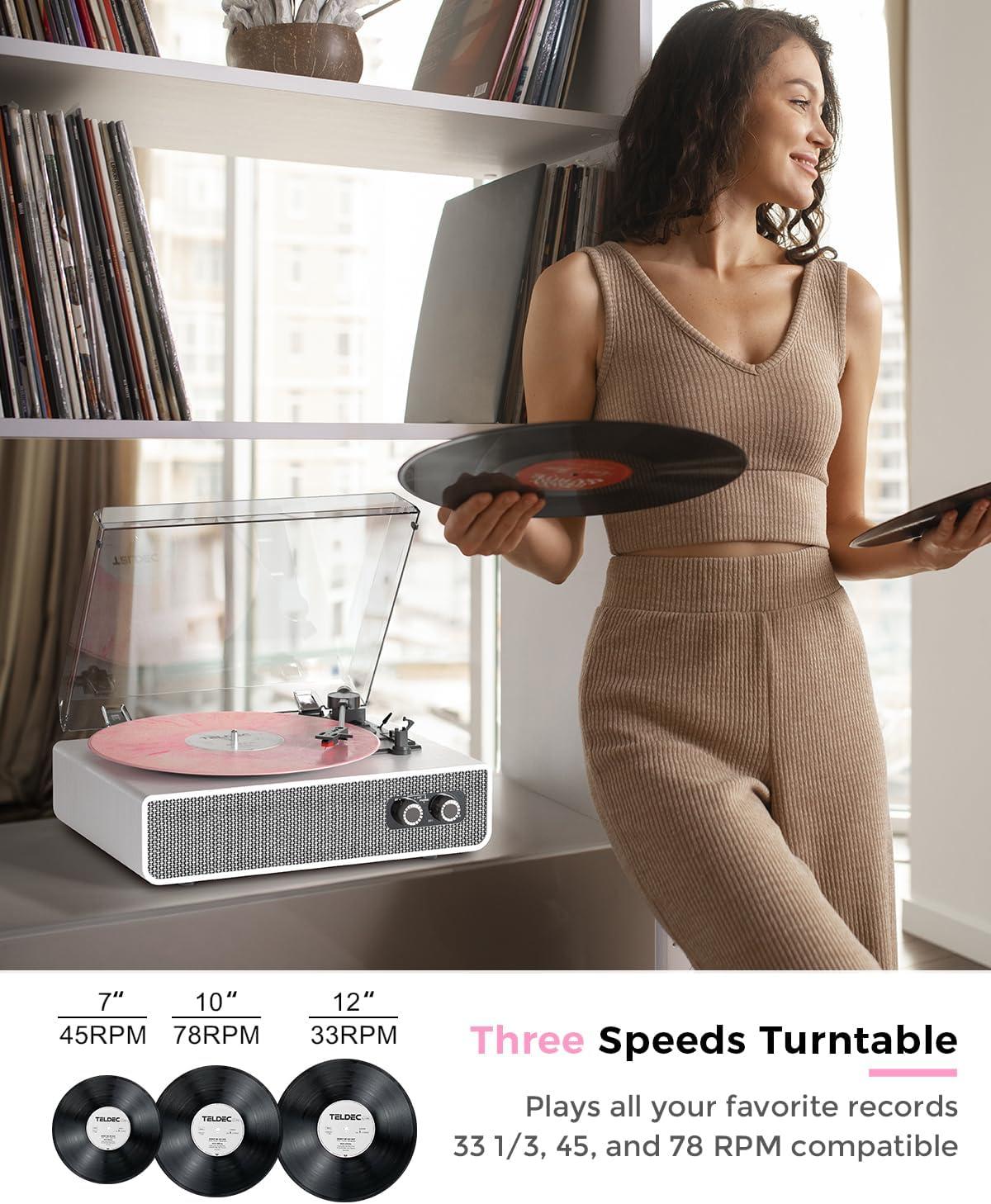 Vinyl Record Player with Upgraded Built-in Speakers, 3-Speed Belt-Driven Bluetooth Turntable for Vinyl Records, White Wood Grain Vintage Phonograph with RCA Out & AUX in, Auto Stop, MDF Cabinet