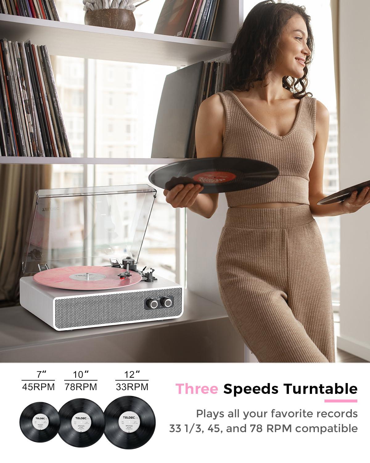 Vinyl Record Player with Upgraded Built-in Speakers, 3-Speed Belt-Driven Bluetooth Turntable for Vinyl Records, White Wood Grain Vintage Phonograph with RCA Out & AUX in, Auto Stop, MDF Cabinet