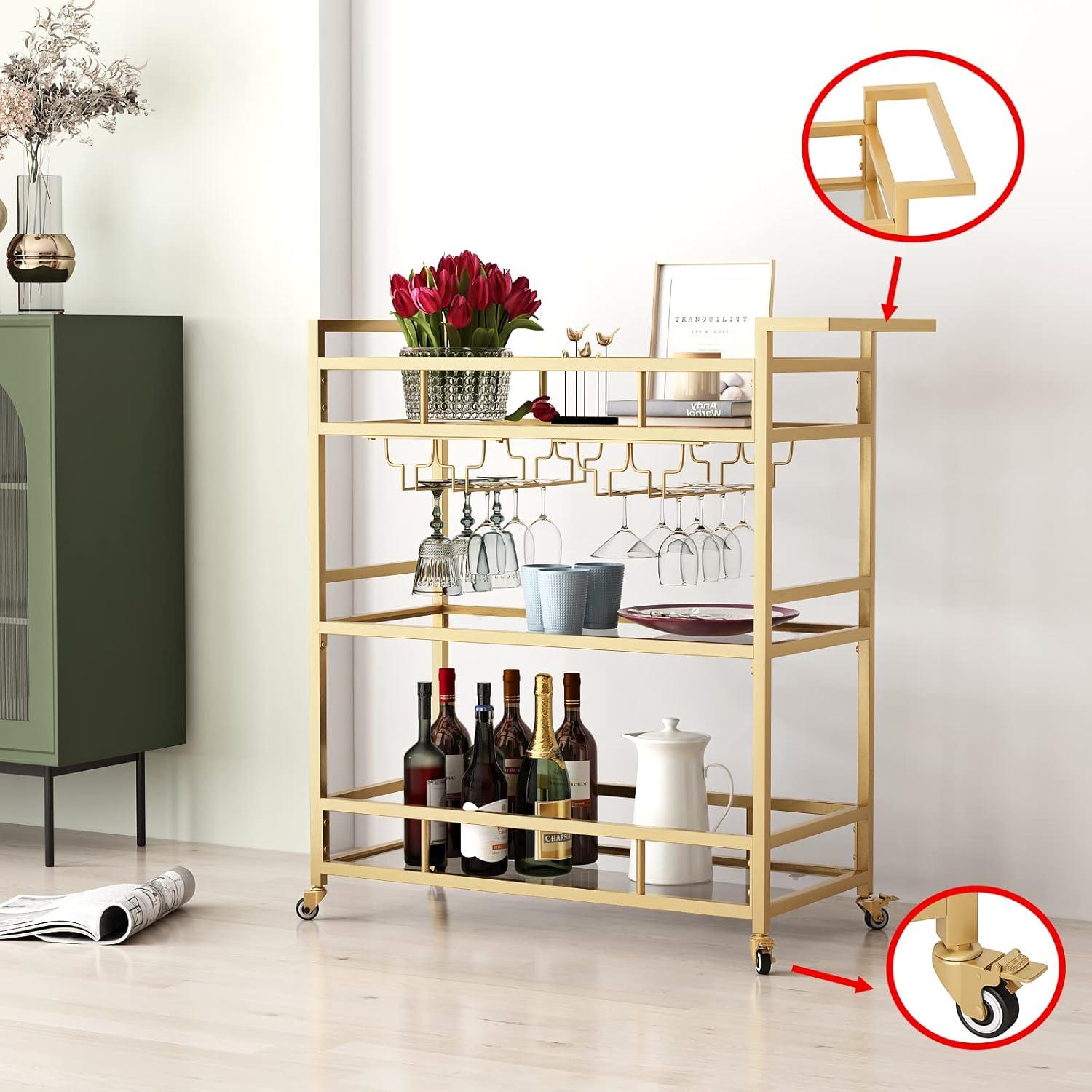 Bar Cart Gold with Bottle Storage and Wine Glass, Rolling Serving Bar Cart on Wheels Indoor & Outdoor, Patio, Gold Kitchen Serving Cart for Party(3-Tier)