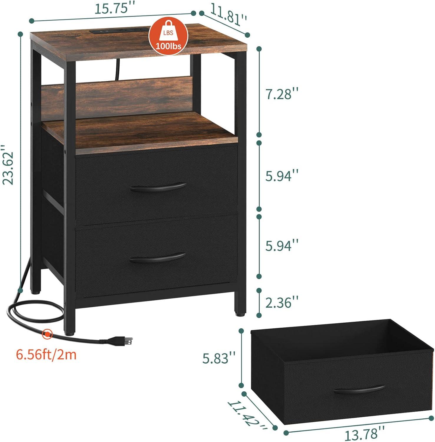 Nightstand with Charging Station, Side Table with Fabric Drawers, End Table with Open Shelf, Bedside Table with USB Ports and Outlets, Night Stand for Bedroom, Rustic Brown and Black